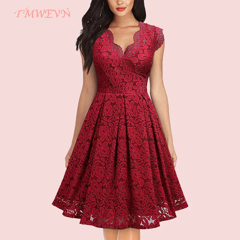 Summer Woman Party Dress Vintage V Neck Sleeveless Dress Lace Elegant Ladies Dresses with High-Quality Lace (Size S on Model) Women Casual