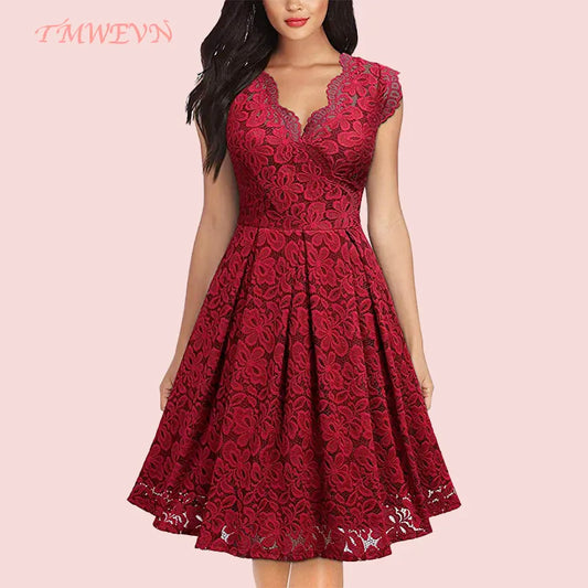 Summer Woman Party Dress Vintage V Neck Sleeveless Dress Lace Elegant Ladies Dresses with High-Quality Lace (Size S on Model) Women Tops