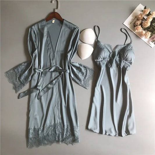 MECHCITIZ silk robe & gown set sexy sleepwear women lingerie dressing summer pajamas lace bathrobe lounge sleep set home pajamas Women Lingerie