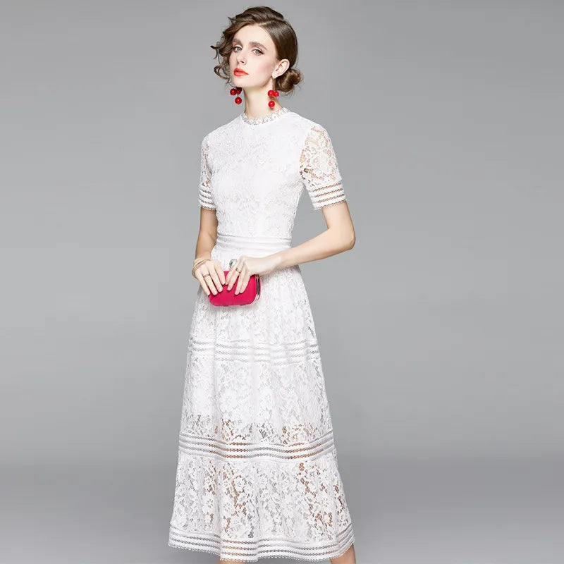 Summer Woman High-Quality Elegant Slim Hollow Out A-line Lace Midi Dress green white pink Women Casual