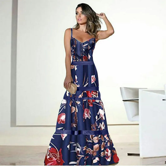 Evening Party Dresses Woman Natural Silk Dress Retro Floral Print Maxi Dress Ladies Strap Pleated Oversized Dress Vestidos Women Casual - Women Prom