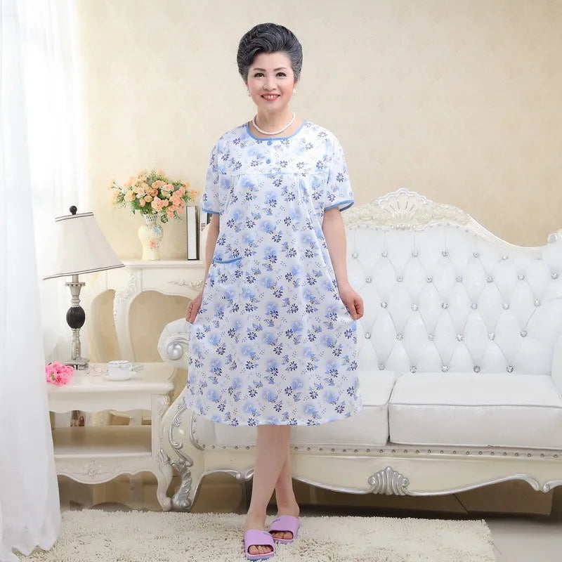 Fresh Nightdress For Fat Woman Cotton Sleepwear Floral Short Sleeve Dress For Mom Woman Sleepdress Daily Leisure Clothing Women Sleep - Women Plus Size Clothing