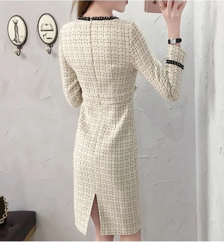 New Arrival Winter Runway Long Sleeve Tweed Dress Autumn Woman Elegant Ladies Office Vintage Casual Slim Dresses Vestidos Women Work Dress