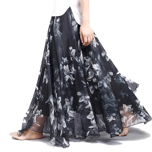 Women's BOHO Elegant Florals Print Chiffon Long Skirt Ladies Slim High-Waist Elastic Waist Pleated Skirts SK15 - Women Casual - Women Cloth