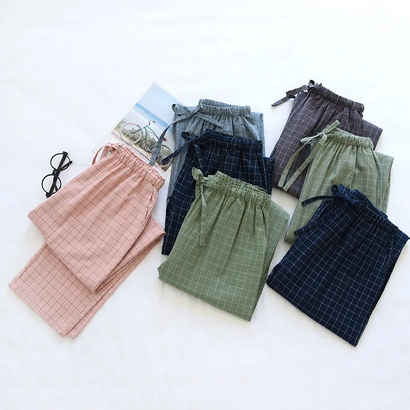 Couple washed cotton trousers thin men's and women's home pants Elastic Waist Sleep Bottoms Plaid pants home sleepwear Women Lounge