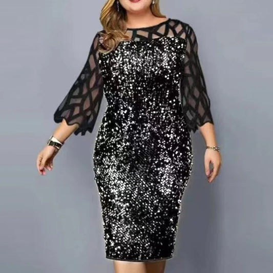 Fashion Sequinis Woman Party Dresses New Spring Lace Long-sleeved O-neck Lady Plus Size Dress Vintage Splice Casual Loose Dress Women Prom - Women Dress For Work - Wome Plus Size Clothing