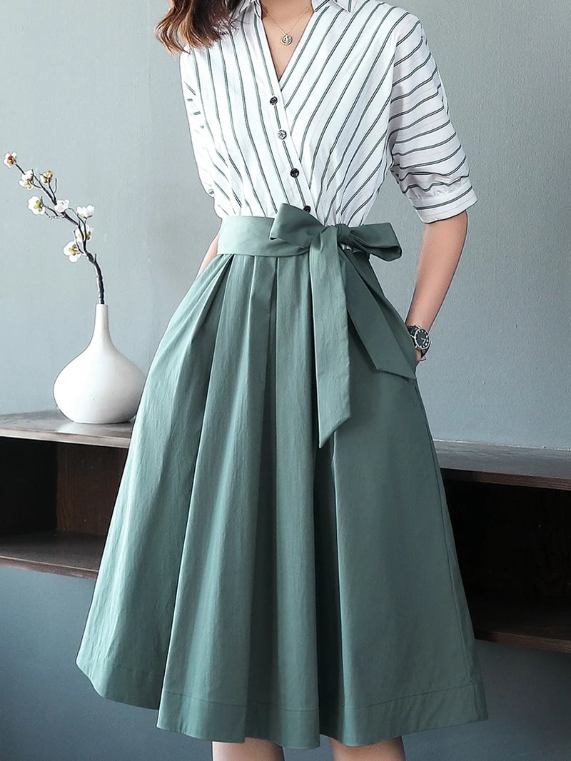 Striped Shirt Dress Woman Elegant Office Ladies OL Midi Work Tunic Korean Fashion Bow Sashes Bandage Big Swing Dresses New Women Dress For Work