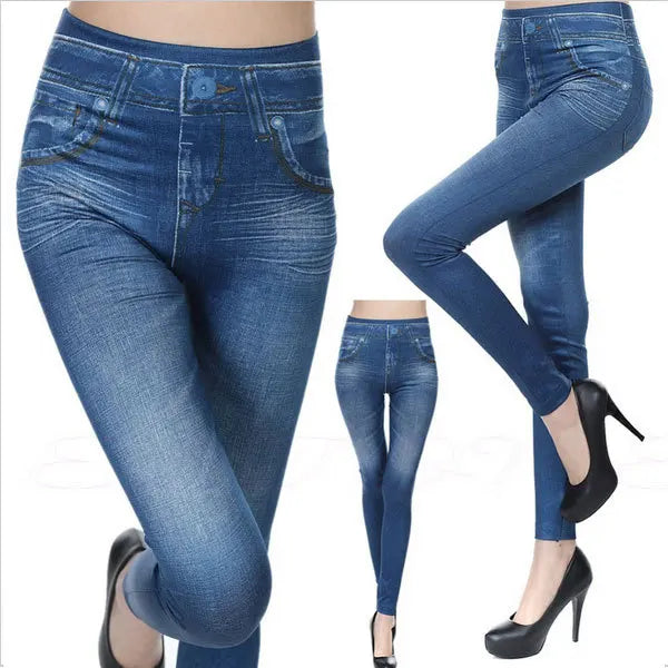 Ogilvy leather Woman Legging Fashion Faux Denim Jeans Leggings Sexy Long Pocket Printing Leggins Summer Casual Pencil Pants Women Legging - Women Jeans