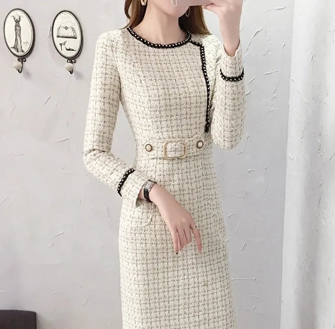 New Arrival Winter Runway Long Sleeve Tweed Dress Autumn Woman Elegant Ladies Office Vintage Casual Slim Dresses Vestidos Women Work Dress