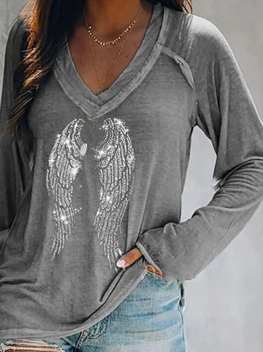 Spring Summer V Neck Loose Oversize Tee Shirt Gary Glitter Studded Wing Pattern Long Sleeve Top blusas y camisas women casual - women tops - women prom