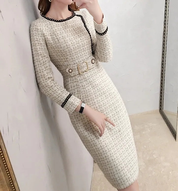 New Arrival Winter Runway Long Sleeve Tweed Dress Autumn Woman Elegant Ladies Office Vintage Casual Slim Dresses Vestidos Women Work Dress