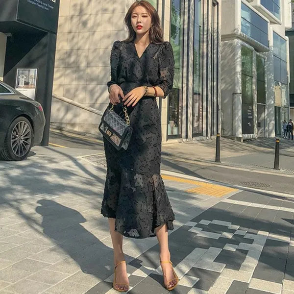 Korea Woman Party Dress Spring fashion Office OL chiffon Half Sleeve Ruffles Bodycon Mermaid Midi Dress Women Dress For Work - Women Casual