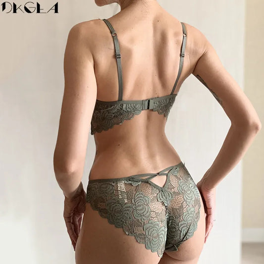 New Fashion ArmyGreen Bra Set Push Up Brassiere Cotton Thick Gather Bras Sets Embroidery Lace Underwear Set Sexy Women Lingerie