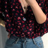 Shirt Woman Vintage Printed V-neck Sexy Korean Style Top Sweet Lantern Sleeve Retro Chic All-match Spring Autumn Single-Breasted Women Tops