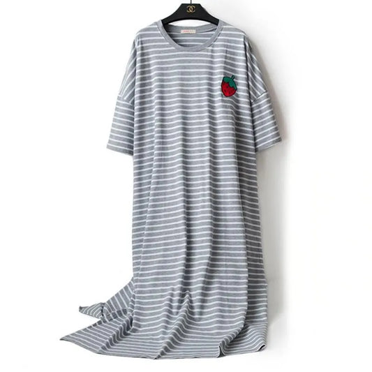 Cotton Striped Long Nightgown Big Size Women Short Sleeve Nightdress Homewear Casual Lounge Home Gown Summer New women sleep