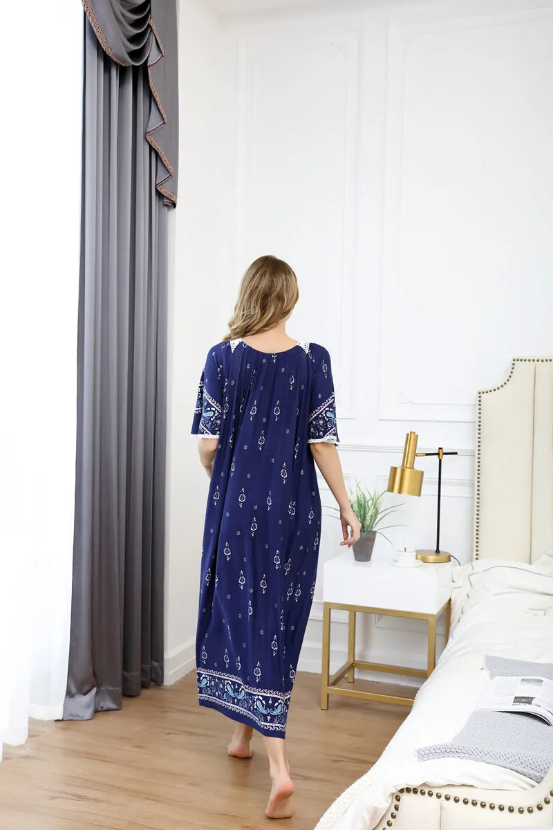 Plus size loose nightgown woman holiday print dress woman summer short sleeve cotton nightdress casual ladies long nightshirt Women Lounge