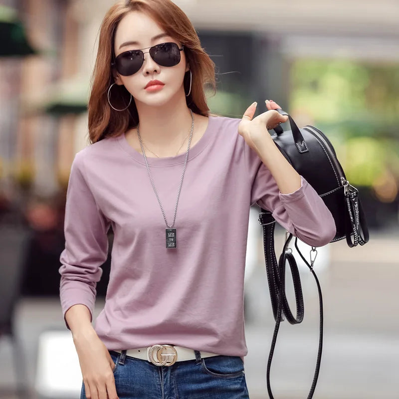 New Female T-shirt Long Sleeve Cotton T-Shirt Ladies Winter Top Tee Solid Color Basic Tshirt Casual T-shirts For women tops - women contemporary - women casual - girl tops - girl short