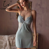 CINOON Woman Nightgowns Sexy Lace Satin Sleepwear V-neck Nightdress With Chest Pads Homewear Thin Backless Lounge Soft Nightwear Women Sleep