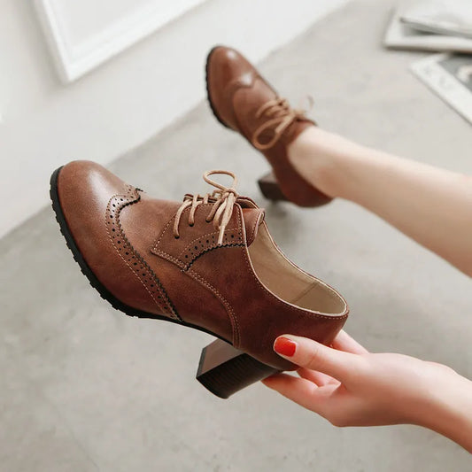 Pump Shallow Brogue Vintage Chunky Heel Cut Out Oxford Lace Up Fashion Elegant Women Shoes