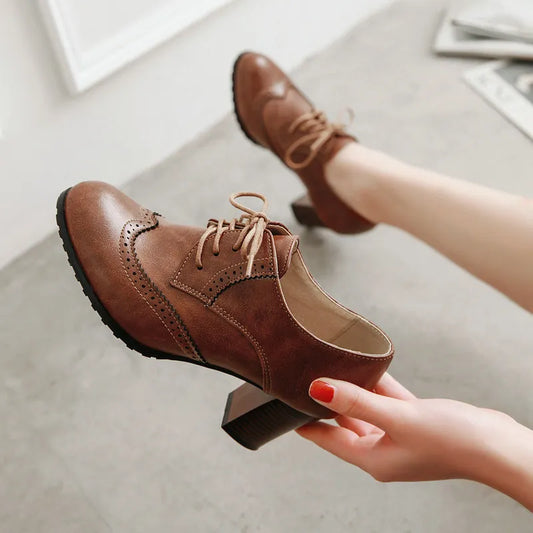 Pump Shallow Brogue Vintage Chunky Heel Cut Out Oxford Lace Up Fashion Elegant Girls Shoes