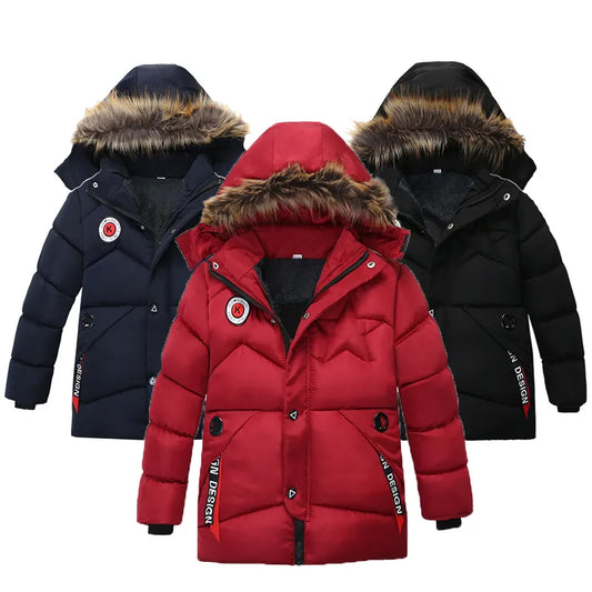 Autumn Winter Keep Warm Cotton Thicken Kids Jacket Fur Collar Solid Color Zipper Boys Outerwear Boy Jacket - Girl Jacket