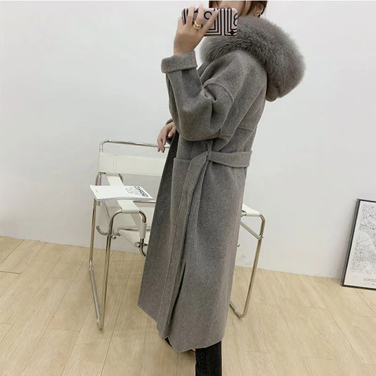 Cashmere Woolen Women Plus Size Coat Long Sleeve Real Fox Fur Hooded Loose Casual Jacket Double-Sided Wool Oversize Overcoat Women Vests