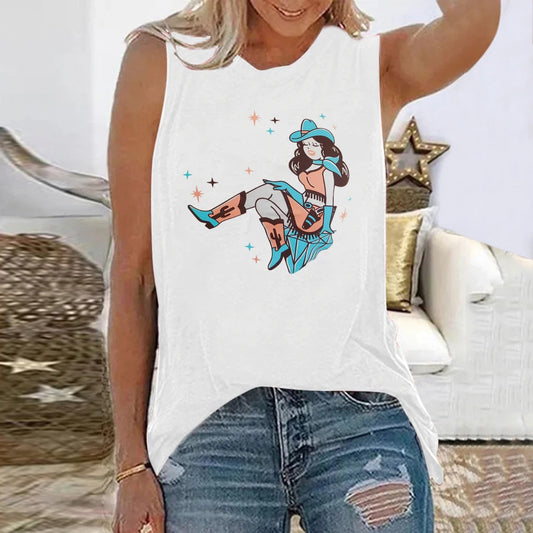 Beautiful Girl Print Sleeveless Woman T-shirt New Summer Loose Cartoon Tee Shirt Femme Round Neck Top Clothes Women Tops - Women Casual
