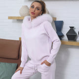 Women's Suit Fashion Casual Lounge Set Knitted Suit Solid Loose Hoodie With Real Fur Collar Fall Clothes For women sleep