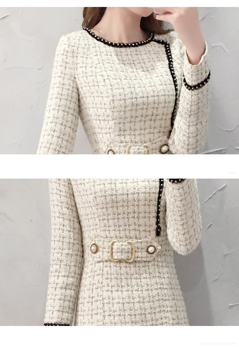 New Arrival Winter Runway Long Sleeve Tweed Dress Autumn Woman Elegant Ladies Office Vintage Casual Slim Dresses Vestidos Women Work Dress