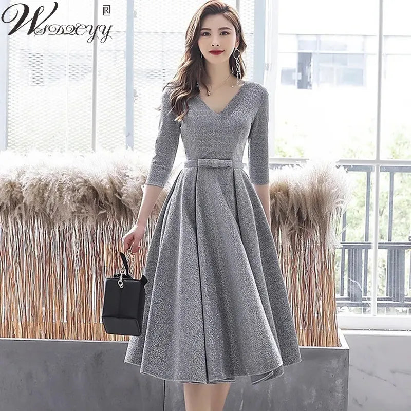 V-Neck Prom Dresses Women Elegant Plus Size Reception Dress Spring Fall Three Quarter Bodycon Dress Lady Office Work Vestidos Women Dress For Work