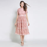 Summer Woman High-Quality Elegant Slim Hollow Out A-line Lace Midi Dress green white pink Women Casual