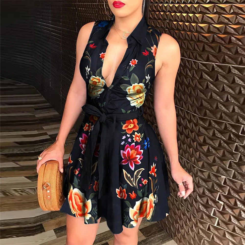 black polka dot dress Vintage women's Spring Loose Sleeveless Party A-Line Dress Ladies Sexy V-neck Short Mini Dresses Women Casual - Women Prom - Women Short