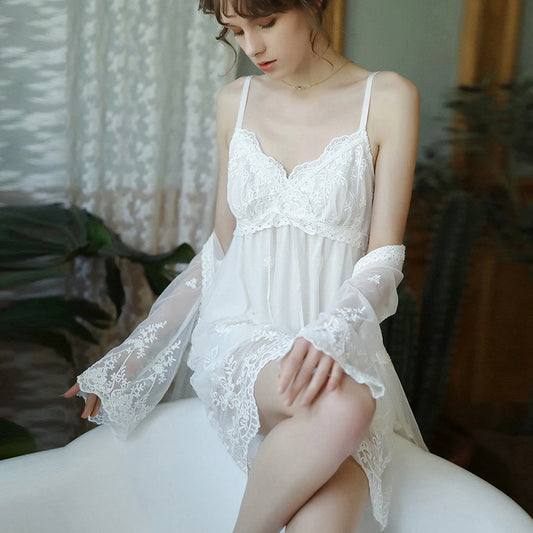 Sexy Mousse Sleep Wear White Dress Lace Embroidery Deep V Backless Mesh See Through Bath Robe Sexy Wedding Use Women Lingerie