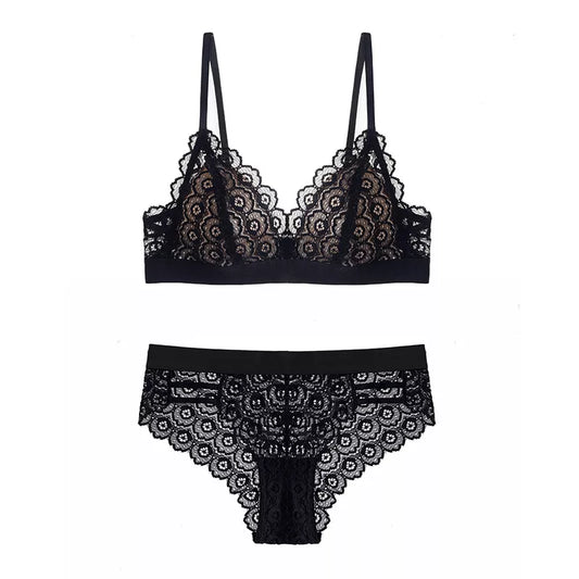 Sexy Hollow Lace Triangle Cup Bra and Panties Set Wire Free Underwear  Lace Bralette Set women lingerie