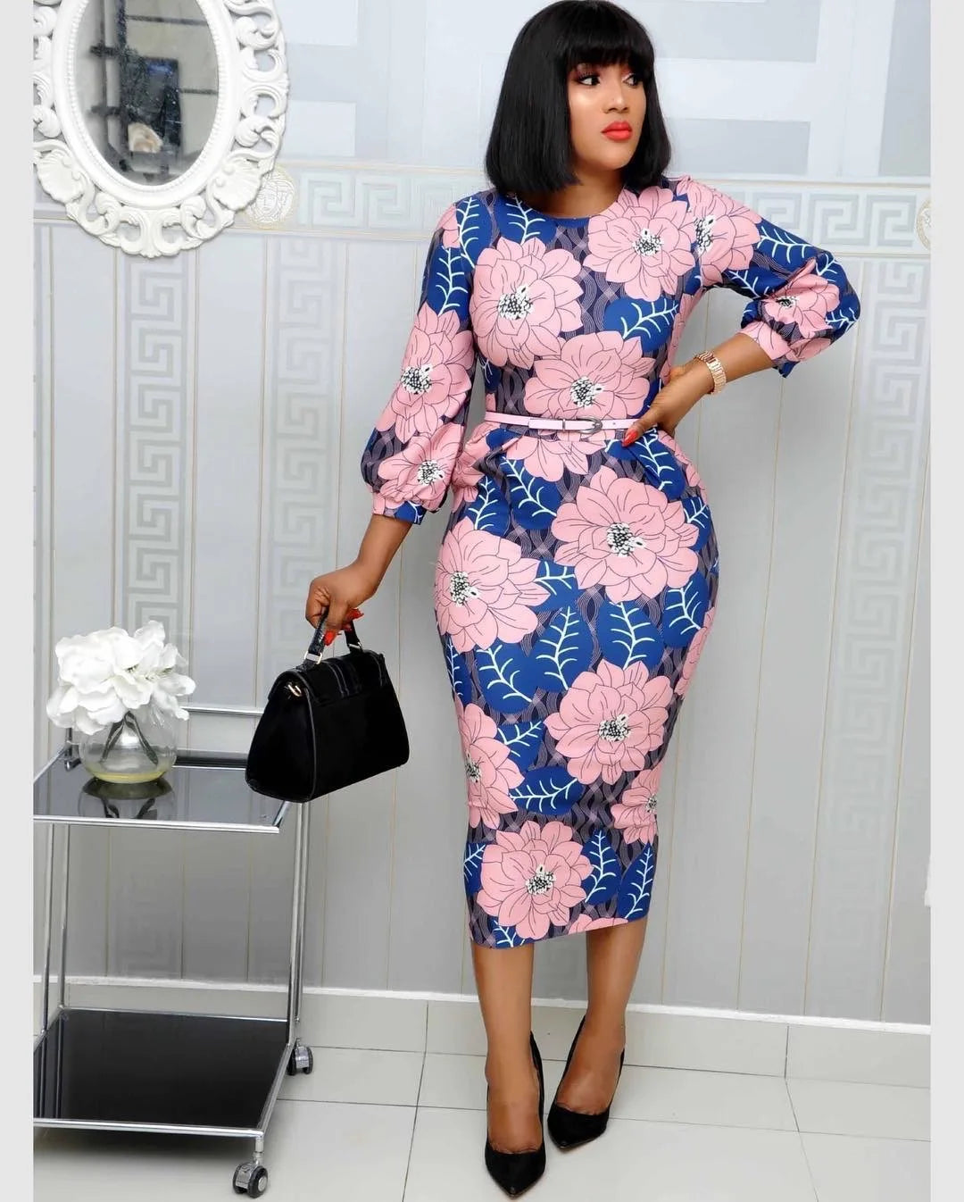 Woman Bodycon Printed Dress Three Quarter Sleeves Midi Ladies Wear Elegant Classy Vestidos African Female Women Dress For Work - Women Plus Size Clothing