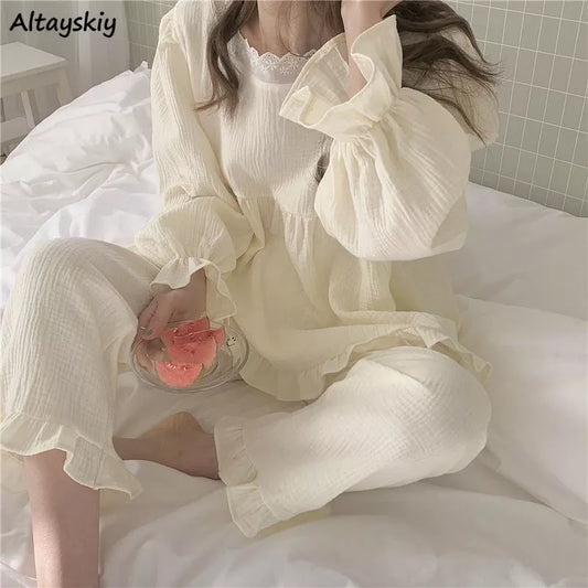 Pajama Sets Women Solid Simple Square Collar College Girls Kawaii Japanese Style Autumn Homewear Basic Casual Femme Cozy women lounge