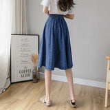 Vintage Elastic High Waist Ladies Denim Skirt New Spring Summer Streetwear Big swing Saia Midi Button A-line Girls Skirt- Women Jeans