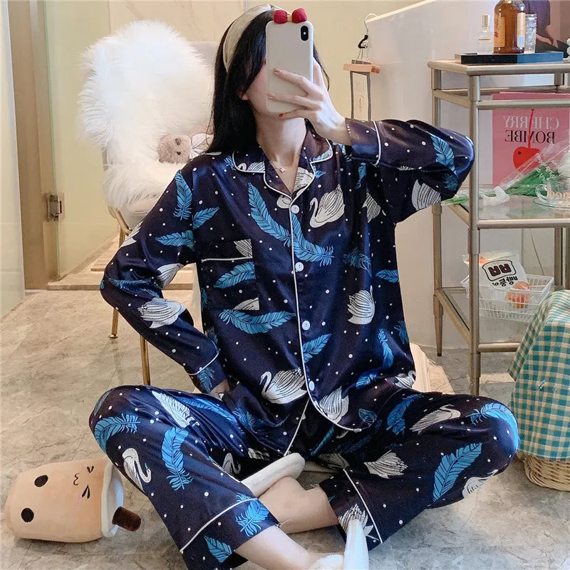 Large Size 6XL 7XL 8XL Pajamas Set Sleepwear Woman Satin 2PCS Shirt&Pants Wear Soft Home Clothes Pyjamas Nightwear Women Lounge - Women Casual