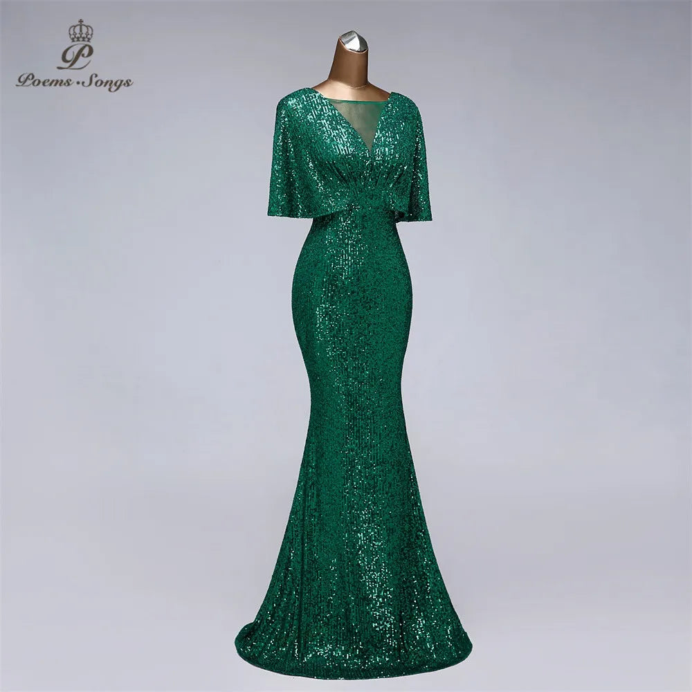 Sexy sequin Evening dress short sleeves vestidos de fiesta green dress evening gowns for women Party dress dresses Women Prom