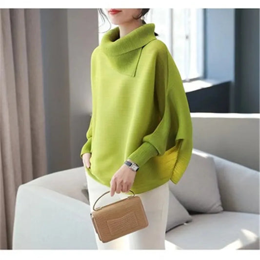 Miyake folds fashion temperament lapel bat sleeve solid color shirt loose and thin Western style all-match age reduction Women Casual - Women Tops