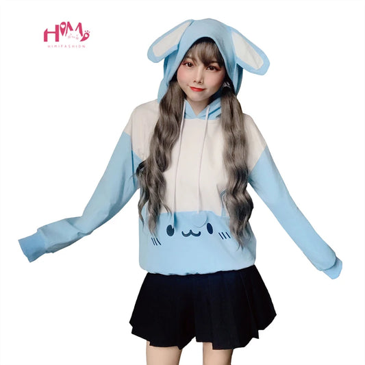 Cute Rabbit Women White Hoodie Kawaii Bunny Ear Printed Graphic Hooded Sweatshirt Autumn Harajuku Girls Pink Blue Pullover - Women Jacket