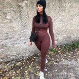 Winter Fitness Two Piece Set wear Long Sleeve Crop Top + Leggings Bodycon Tracksuit Women Outfits Jogging Femme Women Lounge