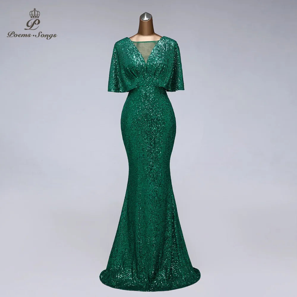 Sexy sequin Evening dress short sleeves vestidos de fiesta green dress evening gowns for women Party dress dresses Women Prom