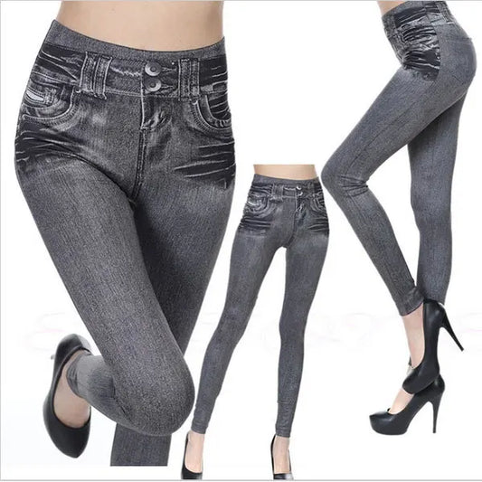 Ogilvy leather Woman Legging Fashion Faux Denim Jeans Leggings Sexy Long Pocket Printing Leggins Summer Casual Pencil Pants Women Legging - Women Jeans