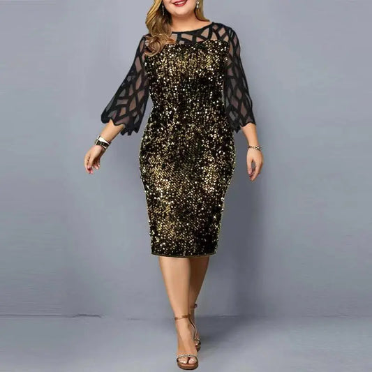 Fashion Sequinis Woman Party Dresses New Spring Lace Long-sleeved O-neck Lady Plus Size Dress Vintage Splice Casual Loose Dress Women Prom - Women Dress For Work - Wome Plus Size Clothing