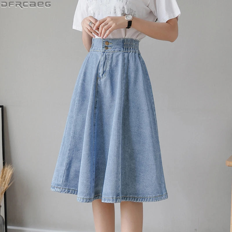 Vintage Elastic High Waist Ladies Denim Skirt New Spring Summer Streetwear Big swing Saia Midi Button A-line Girls Skirt- Women Jeans