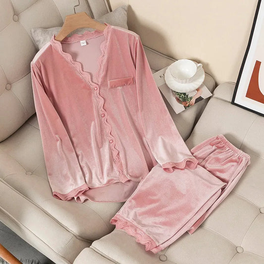 Velvet Pajama Autumn Winter Sleepwear Long Sleeve Casual Nightwear Pyjamas Suit Loose Home Clothes Lace Trim women sleep