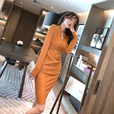 Plus Size Spring Autumn Long Sleeve Wrap Ruched Ladies Sheer Office for Woman Yellow Tallas Grandes Mujer Women Dress For Work - Women Prom - Women Plus Size Clothing