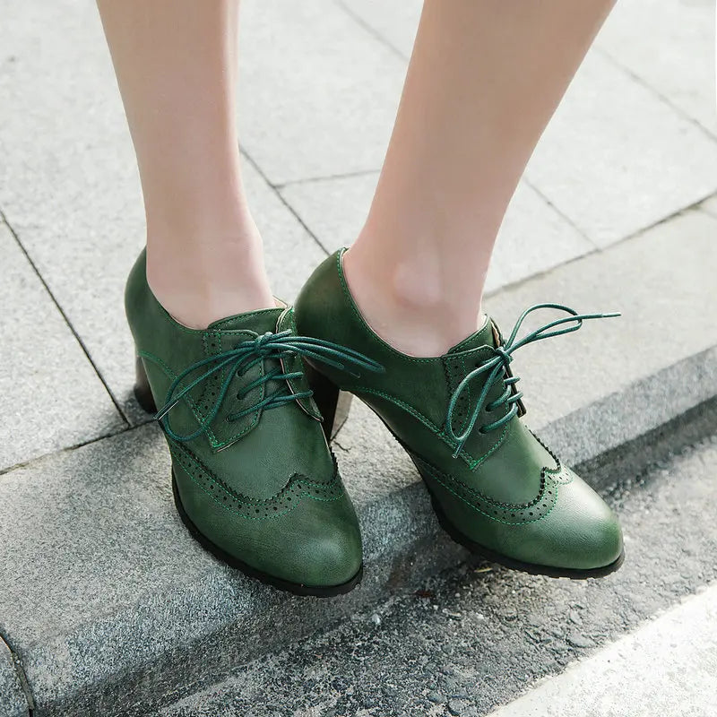 Pump Shallow Brogue Vintage Chunky Heel Cut Out Oxford Lace Up Fashion Elegant Girls Shoes