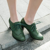 Pump Shallow Brogue Vintage Chunky Heel Cut Out Oxford Lace Up Fashion Elegant Women Shoes